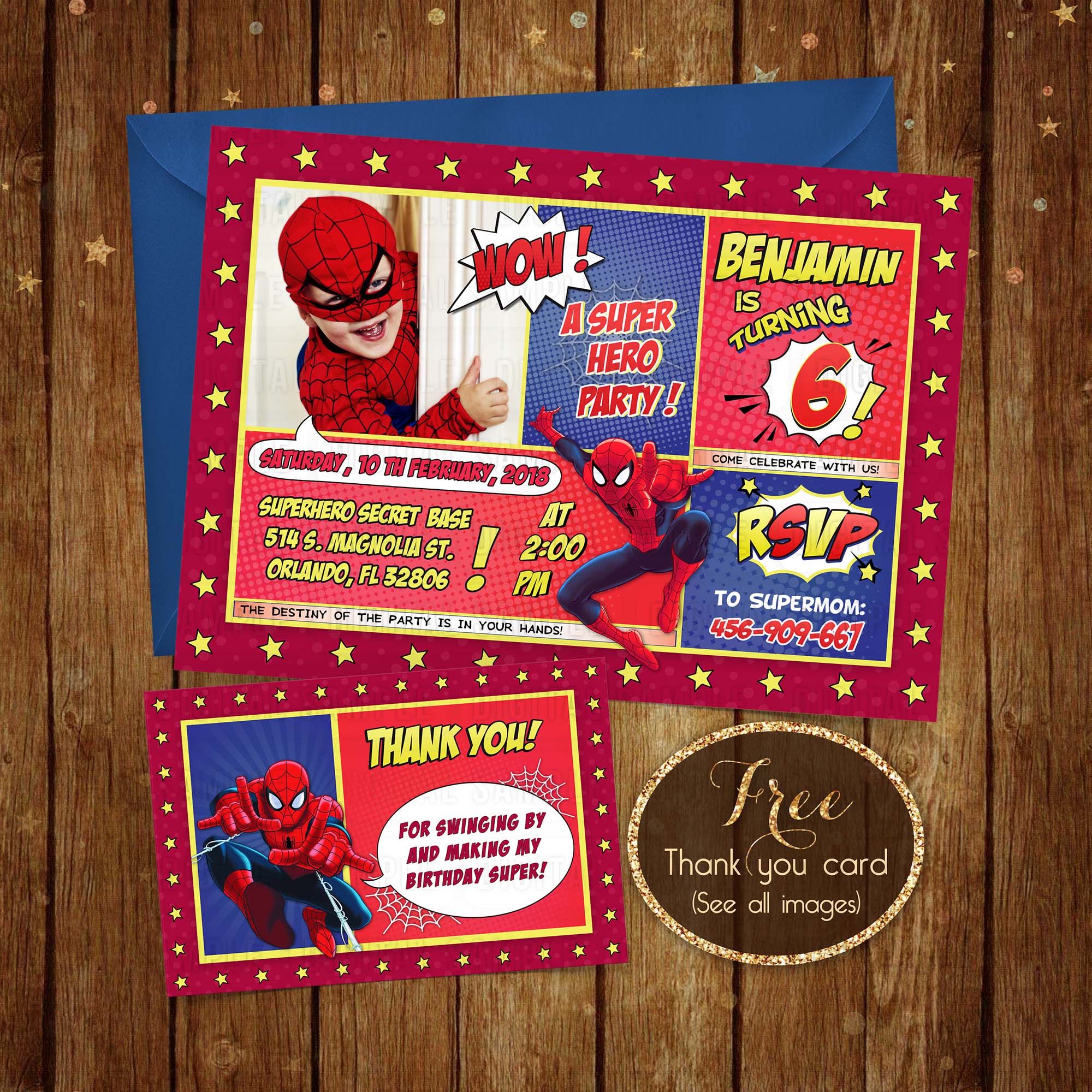 personalized spider-man invitation + free thank you card